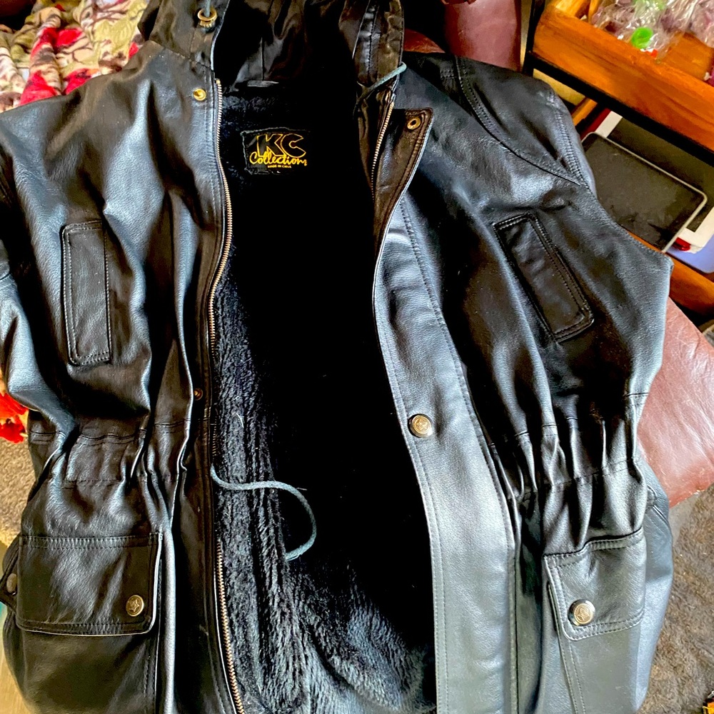 KC Collections leather hooded car coat